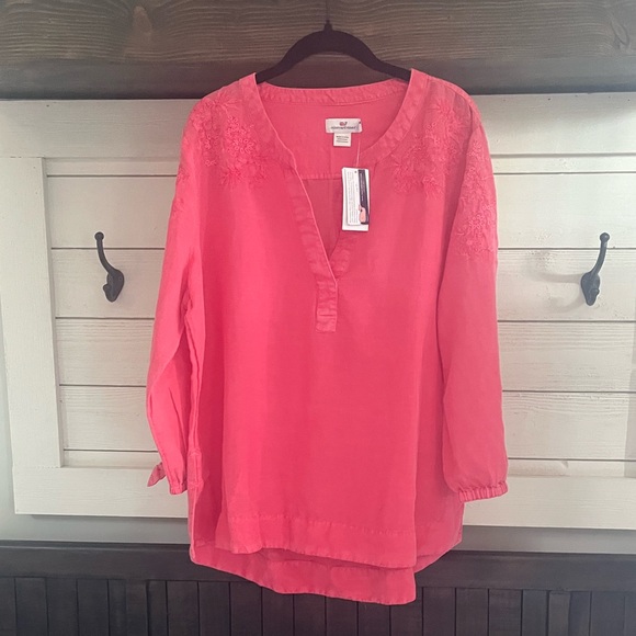 NWT VINEYARD VINES Chambray Embroidered Tie Sleeve Top In Paradise Pink XL - Picture 3 of 12